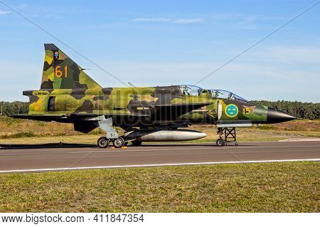 Former Swedish Air Force Saab 37 Viggen Fighter Jet At Kleine-brogel Airbase. Belgium - September 14