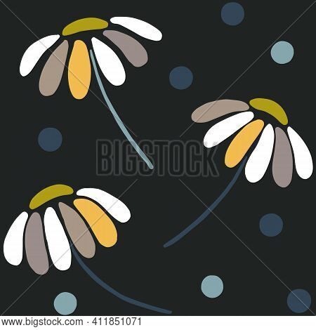 Hand Drawn Daisy Seamless Pattern On Moody Dark Background