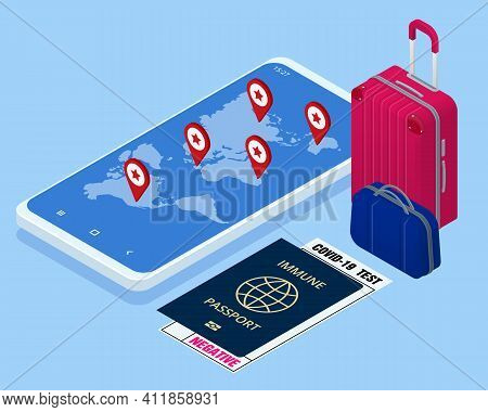 Business Trip Banner With Passport, Tickets, Smartphone And Credit Card. Covid-19 Immunity Passport,