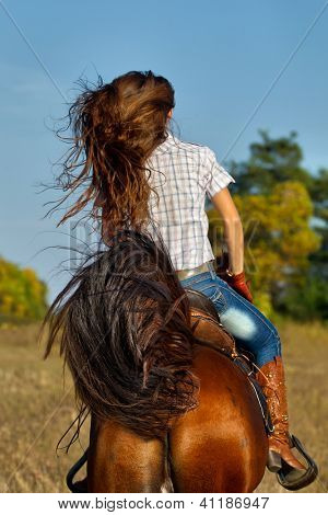 Vista posteriore della giovane donna in jeans blu a cavallo