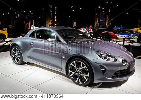 Brussels - Jan 18, 2019: Alpine A110 Sports Car Showcased At The Brussels Autosalon 2019 Motor Show.