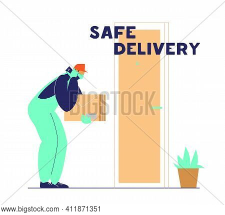 Courier Puts Parcel Near Door And Calls To Client. Safe Delivery During Coronavirus Quarantine Conce