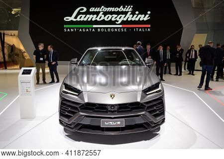 Geneva, Switzerland - March 6, 2019: Lamborghini Urus Car Showcased At The 89th Geneva International