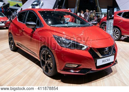 Geneva, Switzerland - March 6, 2019: Nissan Micra Car Showcased At The 89th Geneva International Mot