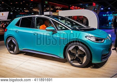 Frankfurt, Germany - Sep 11, 2019: Volkswagen Id.3 Electric Car Reveiled At The Frankfurt Iaa Motor 