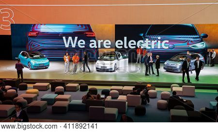 Frankfurt, Germany - Sep 11, 2019: Presentation Of The New Volkswagen Id3 Electric Car At The Frankf