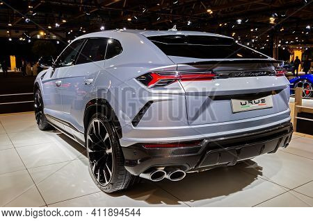 Brussels - Jan 9, 2020: Lamborghini Urus Suv Car Showcased At The Brussels Autosalon 2020 Motor Show