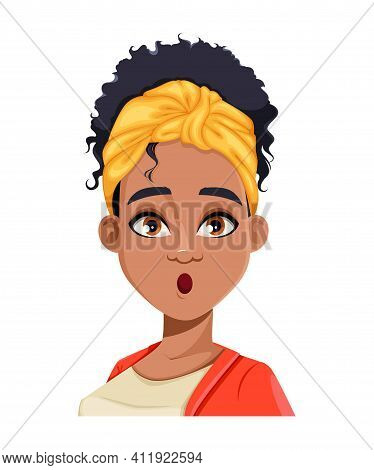 Face Expression Of Young African American Woman, Surprised. Different Female Emotions Set. Beautiful