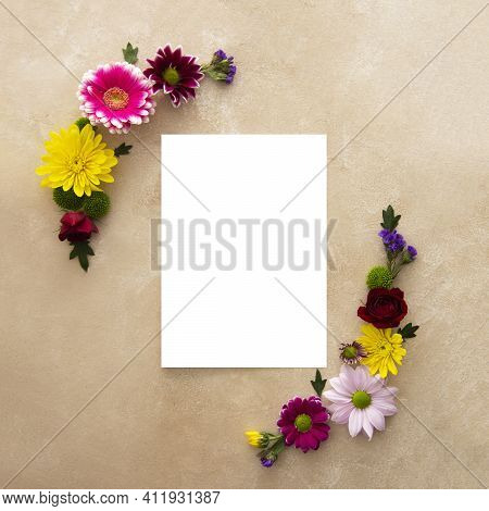 Table Top, Blank Paper With Colorful Flowers Of Chrysanthemum. Beautiful Floral Composition. Top Vie