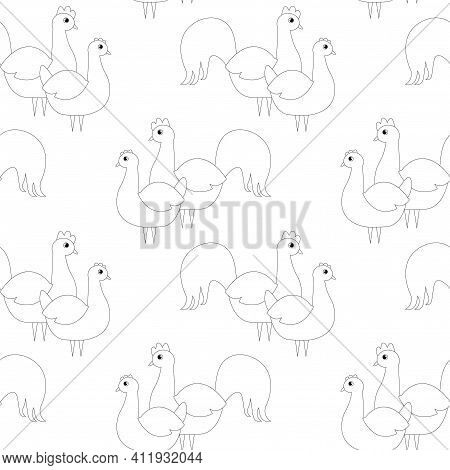 Chicken And Rooster Cartoon Seamless Monochrome Pattern Art Design Element Farm Animal Stock Vector 
