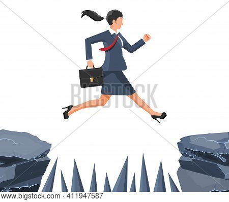 Businesswoman Jumps To Goal Through Abyss With Thorns. Business Woman In Suit With Briefcase Jump Be