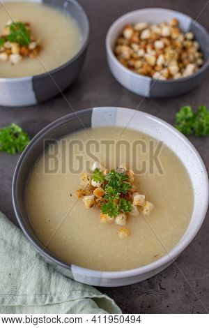 Home Made Mushroom Cream Soup On A Table