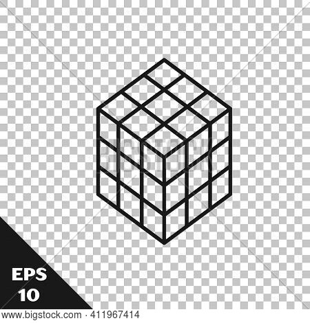 Black Line Rubik Cube Icon Isolated On Transparent Background. Mechanical Puzzle Toy. Rubiks Cube 3d