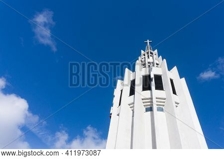 Divine Mercy Sanctuary Church In Bialystok City In Poland. White Catherdal Building. Empty Copy Spac
