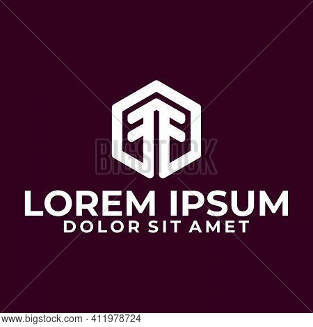 Initial Letter F, Ff, Ft Or Tf Logo Template With Geometric Hexagonal Line Art Illustration In Flat 