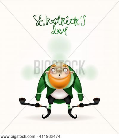 Happy St. Patrick's Day! Postcard, Flyer, Invitation. Character With A Red Beard Posing On A Light B