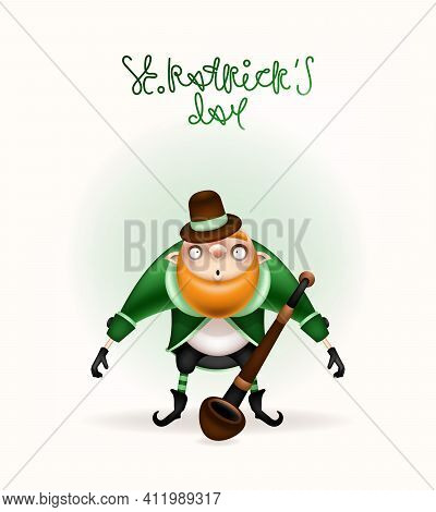 Happy St. Patrick's Day! Postcard, Flyer, Invitation. A Character With A Red Beard With A Tobacco Pi