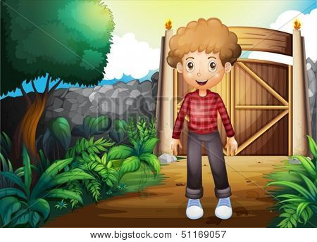Illustration of a smiling young boy inside the gated yard