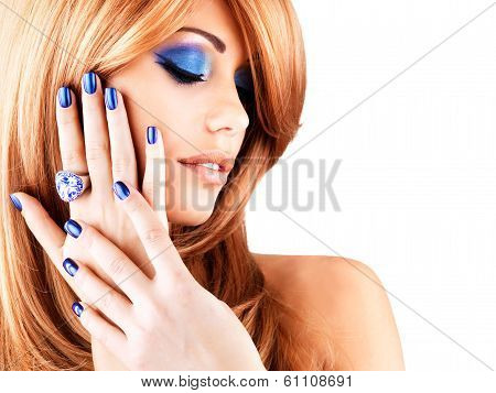 Portrait Of A Beautiful Woman With Blue Nails, Blue Makeup