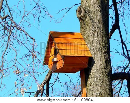Beautiful wooden birdhouse feeder for birds hanging on a tree