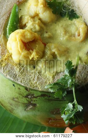Dab Chingri Malai Curry - Prawns Roasted Inside A Tender Coconut
