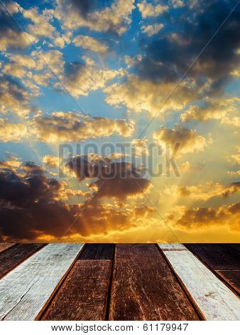 wood texture fpr perspective and beautiful sunset