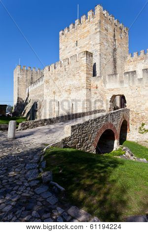 Lisbon, Portugal - February 01, 2013: Sao Jorge (St. George) Castle in Lisbon, Portugal. Entrance of the keep (castelejo). One of the landmarks of the Portuguese Capital.