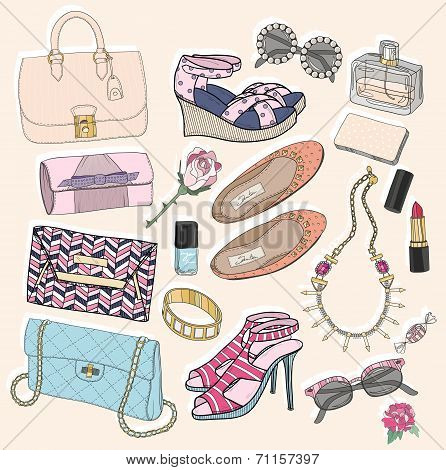 Fashion Accessories Set. Background With Bags, Sunglasses, Shoes, Jewelery, Makeup And Flowers.