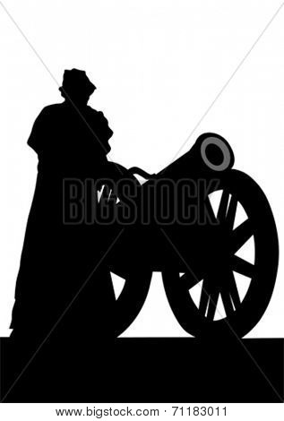 Silhouette of antique guns and a soldier on a white background