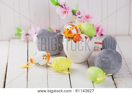 Colorful Easter Eggs  And Stone Birds