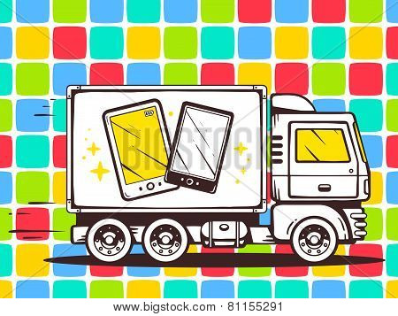 Illustration Of Truck Free And Fast Delivering Phone To Customer On Pattern Background.