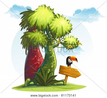 Illustration jungle trees with wooden pointer and bird toucan