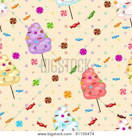 Seamless Pattern Of Sweets, Cotton Candy, Lollipops, Little Colo