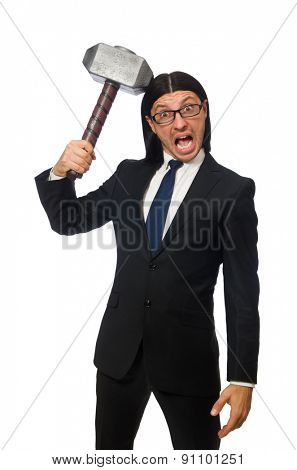 Handsome businessman holding hammer isolated on white