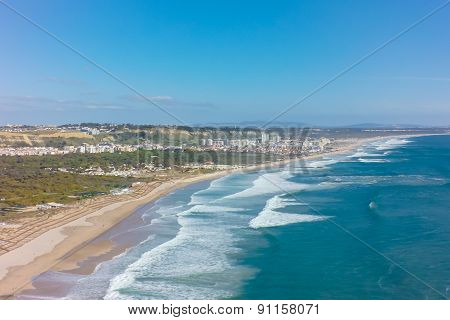 Aerial View Of Costa Caparica Coast Beach In Lisbon, Portugal
