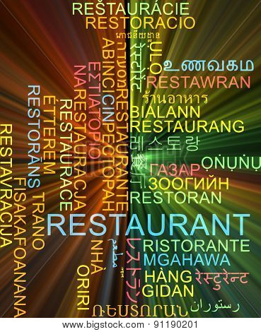 Background concept wordcloud multilanguage international many language illustration of restaurant glowing light