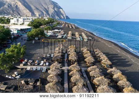 Top View Of Perissa Beach In Santorini