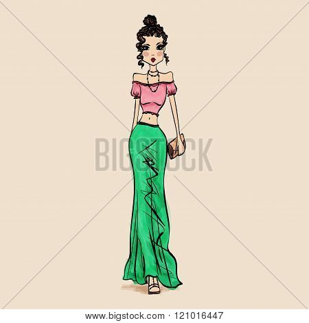 Hand Drawn Fashion Illustration with a Beautiful Woman Wearing Clothes