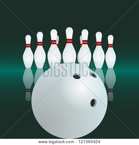 Group of white tenpins standing in a row and ball