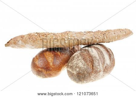 different rye and white flour bread loaf with french baguette isolated on white background