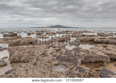 Rangitoto Island Under The Dark Cloudy Sky Before Raining, Auckland, New Zealand.