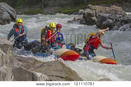 Sports Catamaran  In The  Rapids.