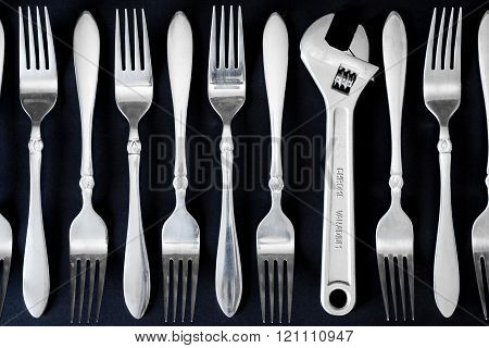Set of forks, and wrench on a black background