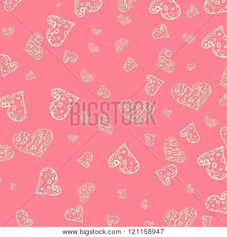 Seamless hearts pattern Hand drawn color doodles on the pink background
