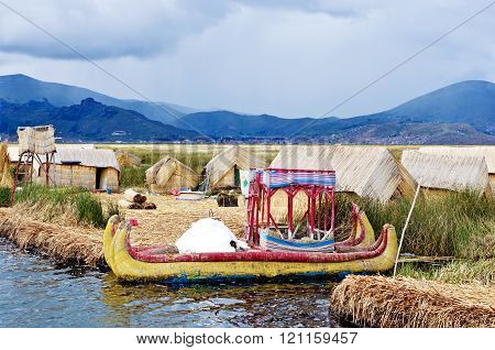 Traditional Village On Floating Islands On Lake Titicaca In Peru, South America