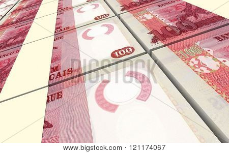 Mozambican escudos bills stacked background. Computer generated 3D photo rendering.