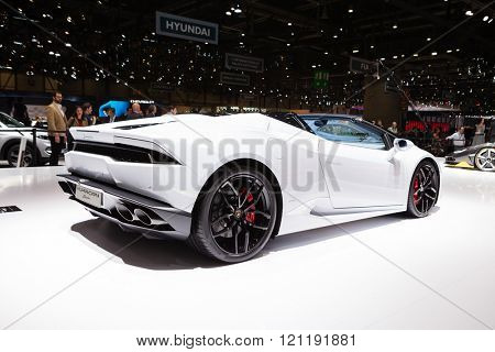 GENEVA, SWITZERLAND - MARCH 1: Geneva Motor Show on March 1, 2016 in Geneva, Lamborghini Huracan Spider, rear-side view