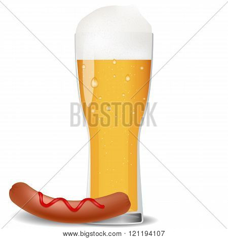 Illustration Of Glass Cold Beer With Sausage.