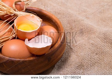 Wooden Bowl With Eggs, Rural Style
