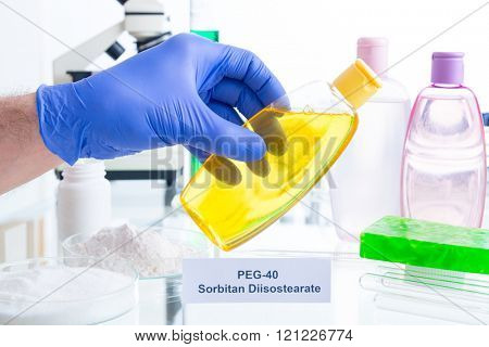 Noxious additives in cosmetics. Laboratory with chemical substances.